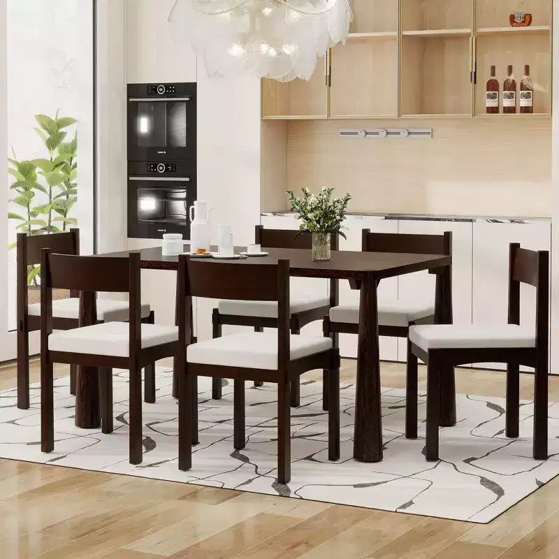 7-Piece Retro Dining Set with Rectangular Table and 6 Upholstered Chairs