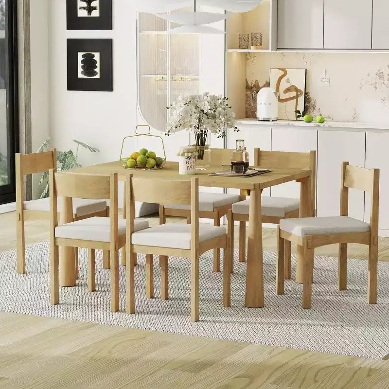 Ensemble de salle à manger rétro 7 pièces avec table rectangulaire et 6 chaises rembourrées