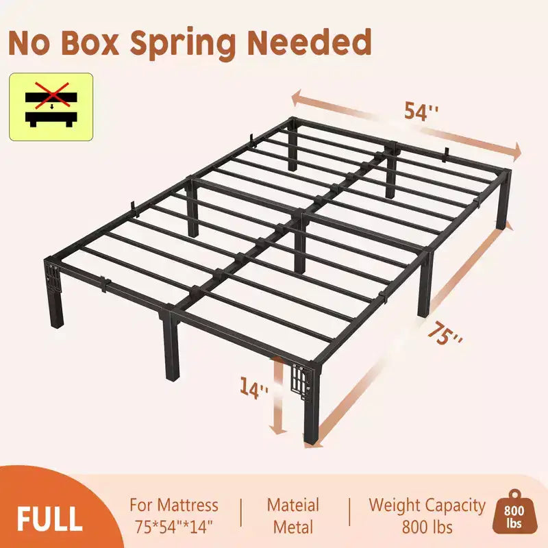 Cadre de lit en métal, plateforme de lit de 14 po de hauteur, capacité de 800 lb pour usage intensif, sans sommier, sans vis, avec lattes renforcées, assemblage facile