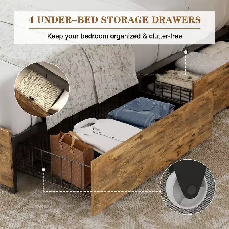 VECELO Bed Frame with 50 Storage Bookcase Headboard, 4 Drawers & USB Charging Station, Metal Slats Platform Bed Frame, Rustic Brown Bed