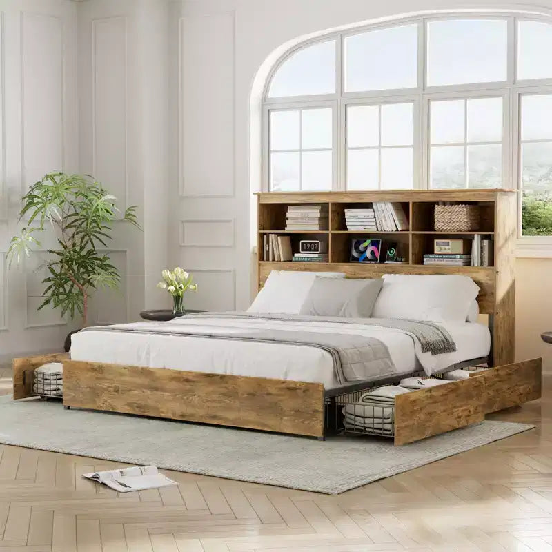 VECELO Bed Frame with 50 Storage Bookcase Headboard, 4 Drawers & USB Charging Station, Metal Slats Platform Bed Frame, Rustic Brown Bed