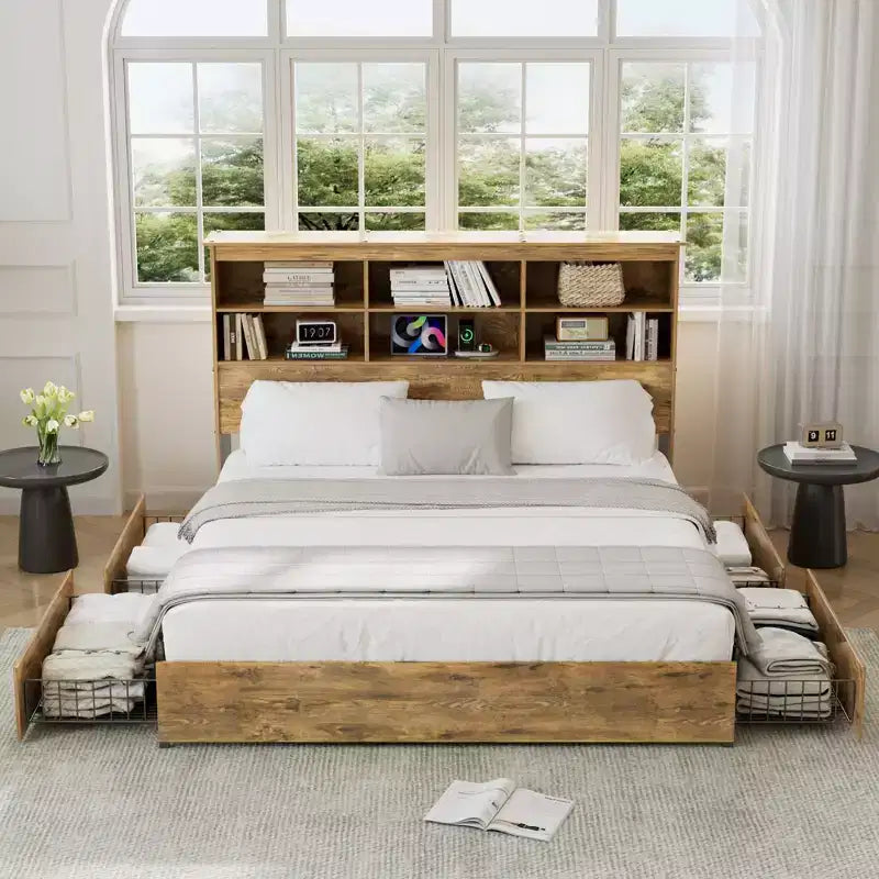VECELO Bed Frame with 50 Storage Bookcase Headboard, 4 Drawers & USB Charging Station, Metal Slats Platform Bed Frame, Rustic Brown Bed