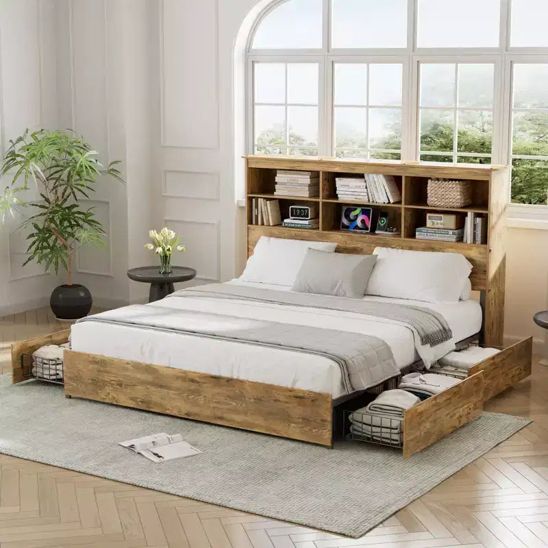 VECELO Bed Frame with 50 Storage Bookcase Headboard, 4 Drawers & USB Charging Station, Metal Slats Platform Bed Frame, Rustic Brown Bed