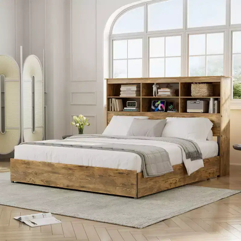VECELO Bed Frame with 50 Storage Bookcase Headboard, 4 Drawers & USB Charging Station, Metal Slats Platform Bed Frame, Rustic Brown Bed