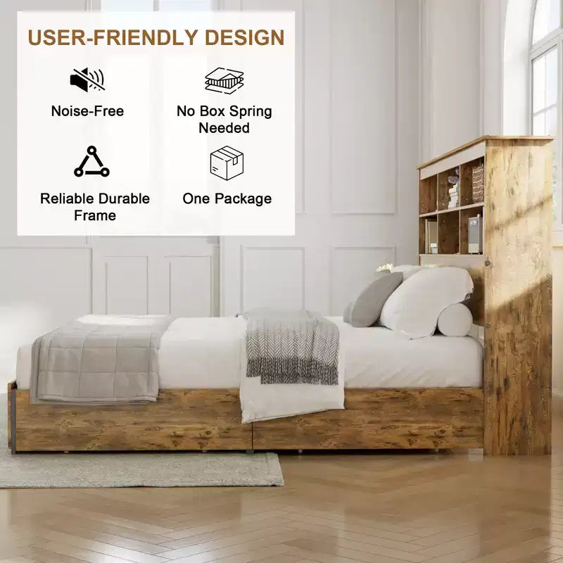 VECELO Bed Frame with 50 Storage Bookcase Headboard, 4 Drawers & USB Charging Station, Metal Slats Platform Bed Frame, Rustic Brown Bed