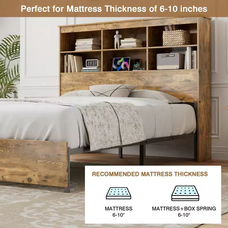 VECELO Bed Frame with 50 Storage Bookcase Headboard, 4 Drawers & USB Charging Station, Metal Slats Platform Bed Frame, Rustic Brown Bed