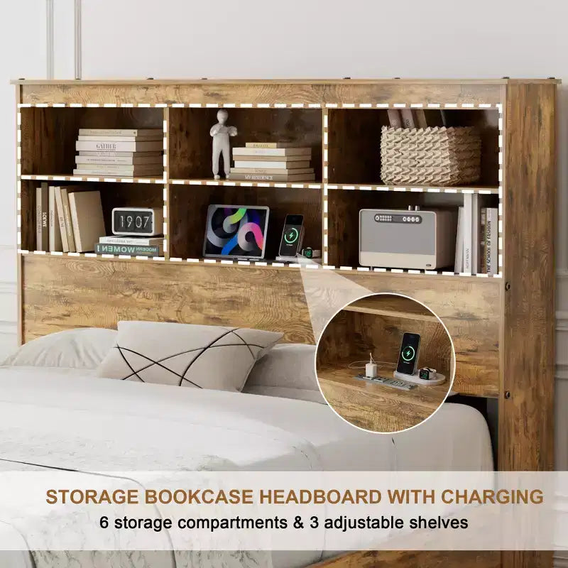 VECELO Bed Frame with 50 Storage Bookcase Headboard, 4 Drawers & USB Charging Station, Metal Slats Platform Bed Frame, Rustic Brown Bed