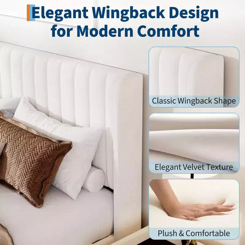 Bed Frame with Vertical Channel Tufted Wingback Headboard, Upholstered Platform Bed Frame with Strong Wooden Slats Support