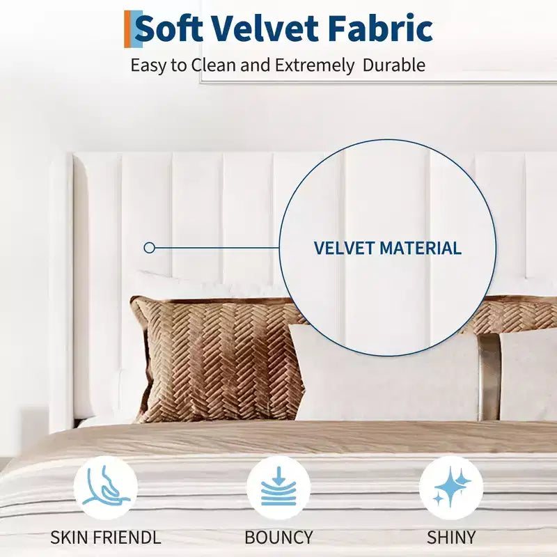 Bed Frame with Vertical Channel Tufted Wingback Headboard, Upholstered Platform Bed Frame with Strong Wooden Slats Support