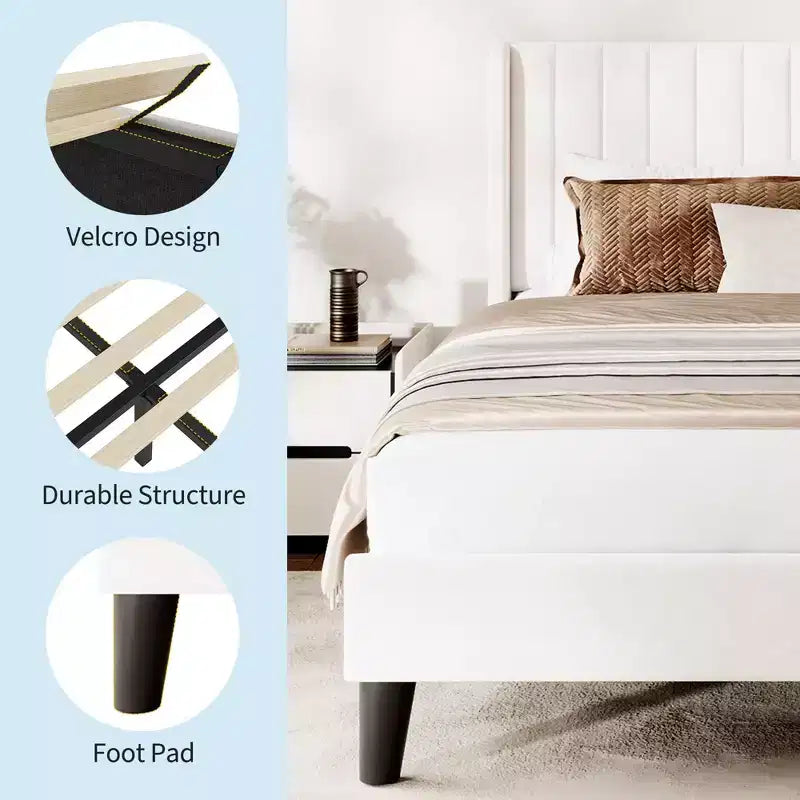 Bed Frame with Vertical Channel Tufted Wingback Headboard, Upholstered Platform Bed Frame with Strong Wooden Slats Support
