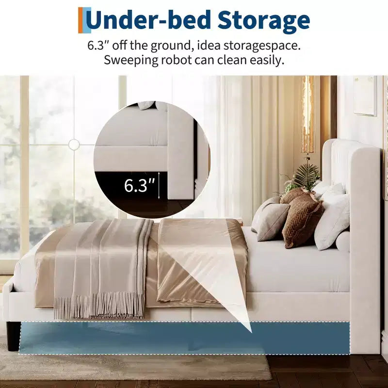 Bed Frame with Vertical Channel Tufted Wingback Headboard, Upholstered Platform Bed Frame with Strong Wooden Slats Support