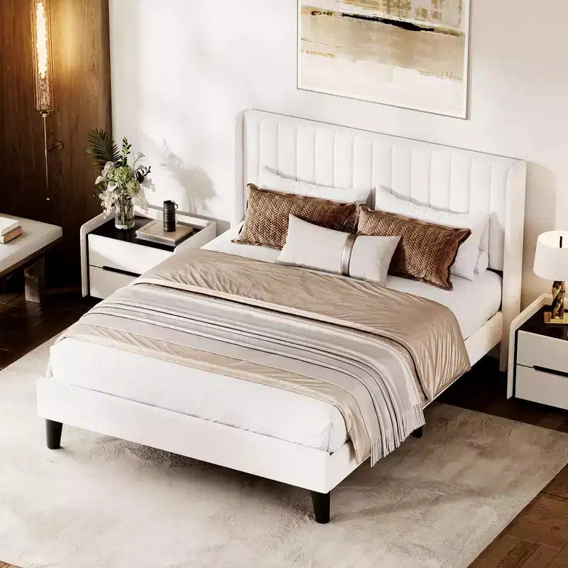 Bed Frame with Vertical Channel Tufted Wingback Headboard, Upholstered Platform Bed Frame with Strong Wooden Slats Support