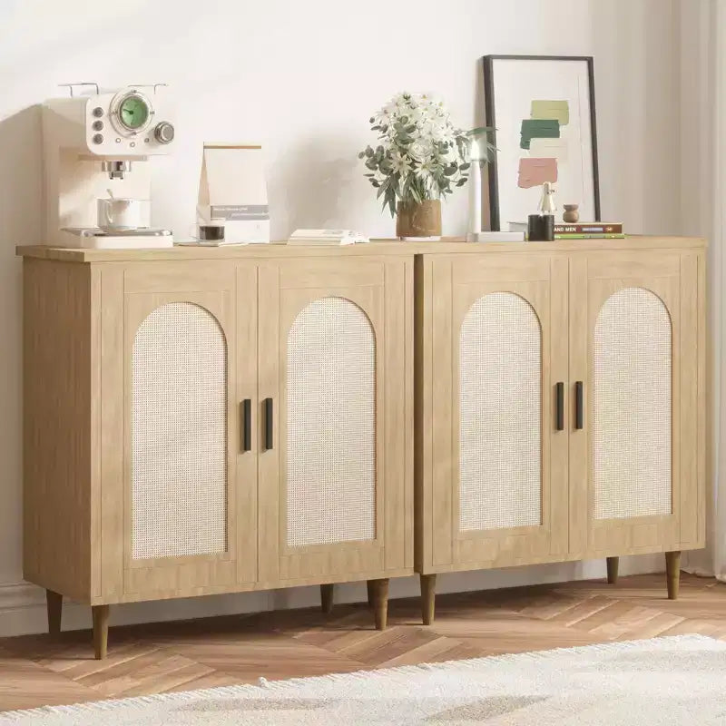 COZONY Sideboard Buffet Storage Cabinet with Rattan Doors, Solid Wood Feet, Ample Storage for Living Room, Kitchen, Entryway, Hallway
