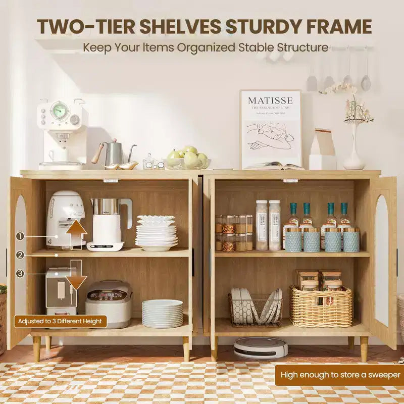 COZONY Sideboard Buffet Storage Cabinet with Rattan Doors, Solid Wood Feet, Ample Storage for Living Room, Kitchen, Entryway, Hallway