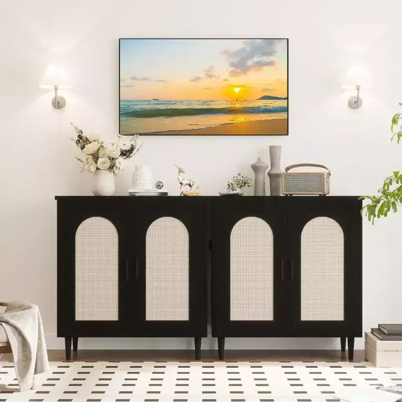 COZONY Sideboard Buffet Storage Cabinet with Rattan Doors, Solid Wood Feet, Ample Storage for Living Room, Kitchen, Entryway, Hallway