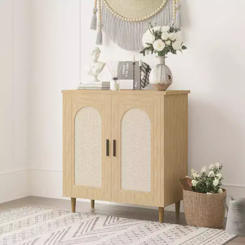 COZONY Sideboard Buffet Storage Cabinet with Rattan Doors, Solid Wood Feet, Ample Storage for Living Room, Kitchen, Entryway, Hallway