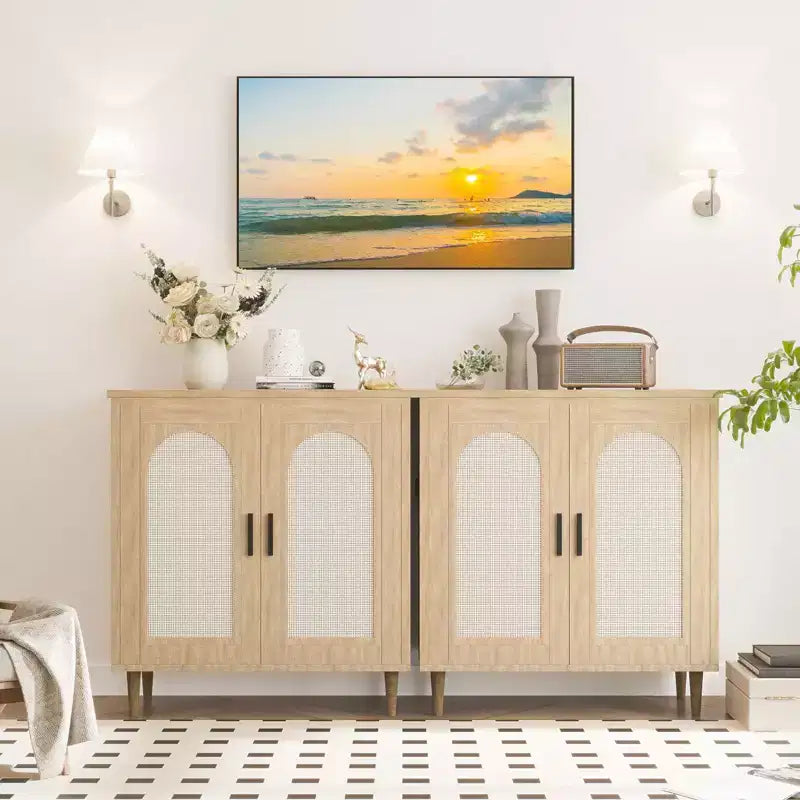 COZONY Sideboard Buffet Storage Cabinet with Rattan Doors, Solid Wood Feet, Ample Storage for Living Room, Kitchen, Entryway, Hallway