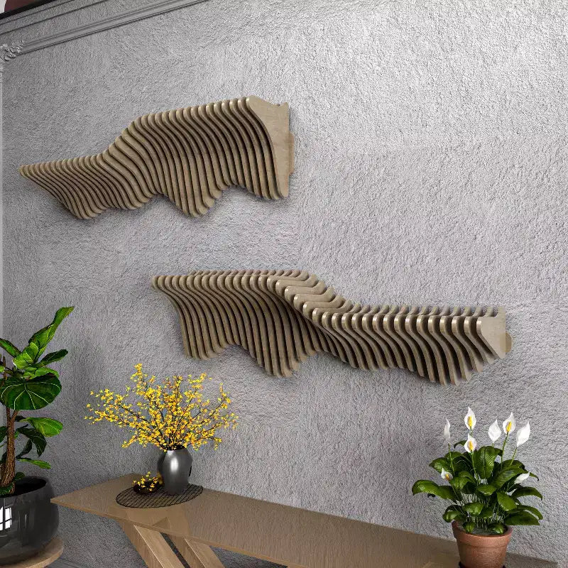 HomeStock Parametric 63 inch Floating Shelf TV Unit Modern Geometric Wooden Wall Piece Decor Natural Oak Color 3D Wavy Living and Gaming Room Shelf