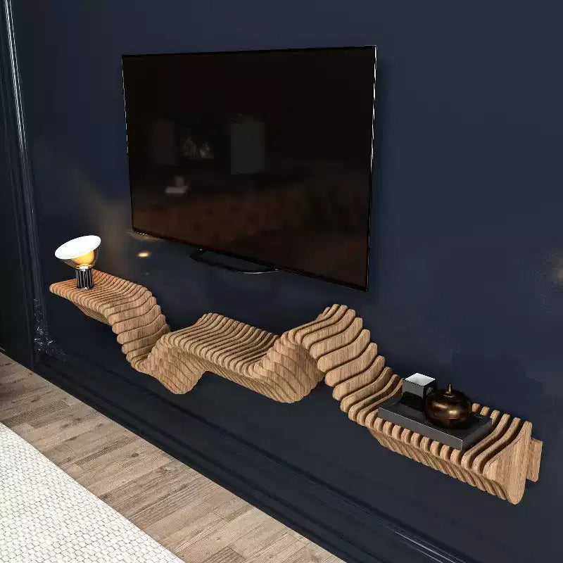 HomeStock Parametric 63 inch Floating Shelf TV Unit Modern Geometric Wooden Wall Piece Decor Natural Oak Color 3D Wavy Living and Gaming Room Shelf
