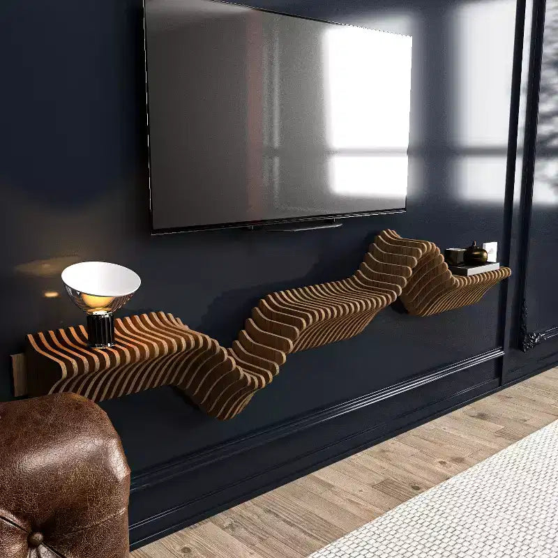 HomeStock Parametric 63 inch Floating Shelf TV Unit Modern Geometric Wooden Wall Piece Decor Natural Oak Color 3D Wavy Living and Gaming Room Shelf