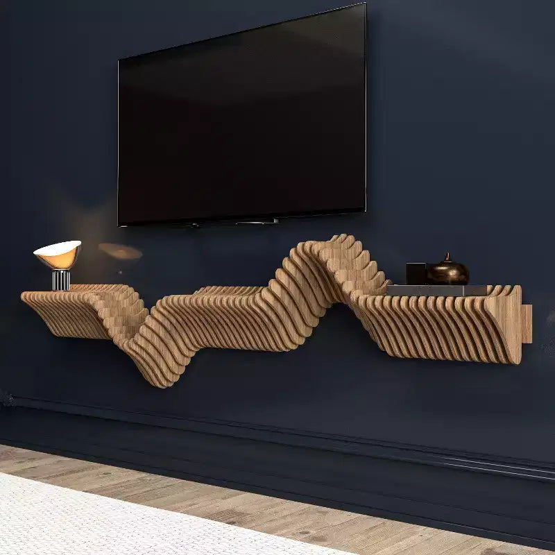 HomeStock Parametric 63 inch Floating Shelf TV Unit Modern Geometric Wooden Wall Piece Decor Natural Oak Color 3D Wavy Living and Gaming Room Shelf