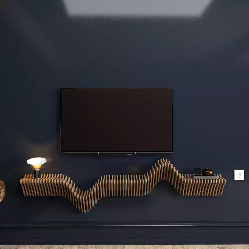 HomeStock Parametric 63 inch Floating Shelf TV Unit Modern Geometric Wooden Wall Piece Decor Natural Oak Color 3D Wavy Living and Gaming Room Shelf