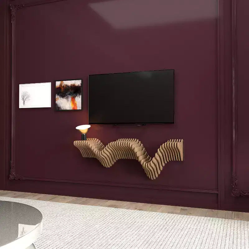 HomeStock Parametric 40 inch Floating Shelf TV Unit Modern Geometric Wooden Wall Piece Decor Natural Oak Color 3D Wavy Living and Gaming Room Shelf