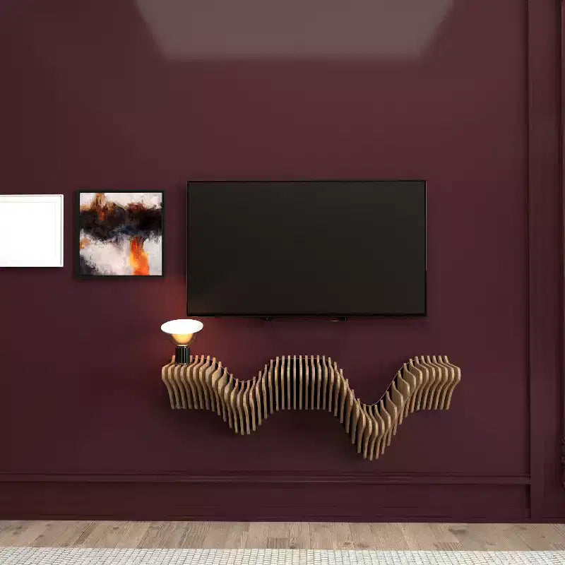 HomeStock Parametric 40 inch Floating Shelf TV Unit Modern Geometric Wooden Wall Piece Decor Natural Oak Color 3D Wavy Living and Gaming Room Shelf