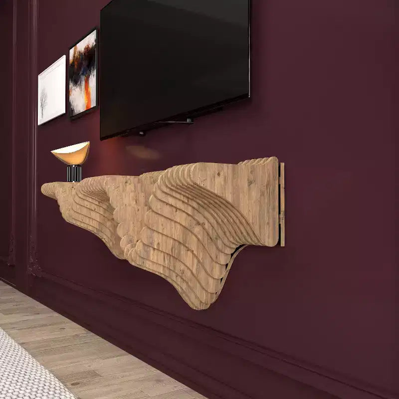 HomeStock Parametric 40 inch Floating Shelf TV Unit Modern Geometric Wooden Wall Piece Decor Natural Oak Color 3D Wavy Living and Gaming Room Shelf
