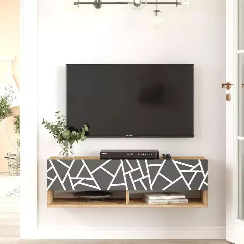 Meuble TV mural HomeStock Future en pin-anthracite, impression UV, 40 pouces, console de divertissement flottante avec étagères de rangement et portes
