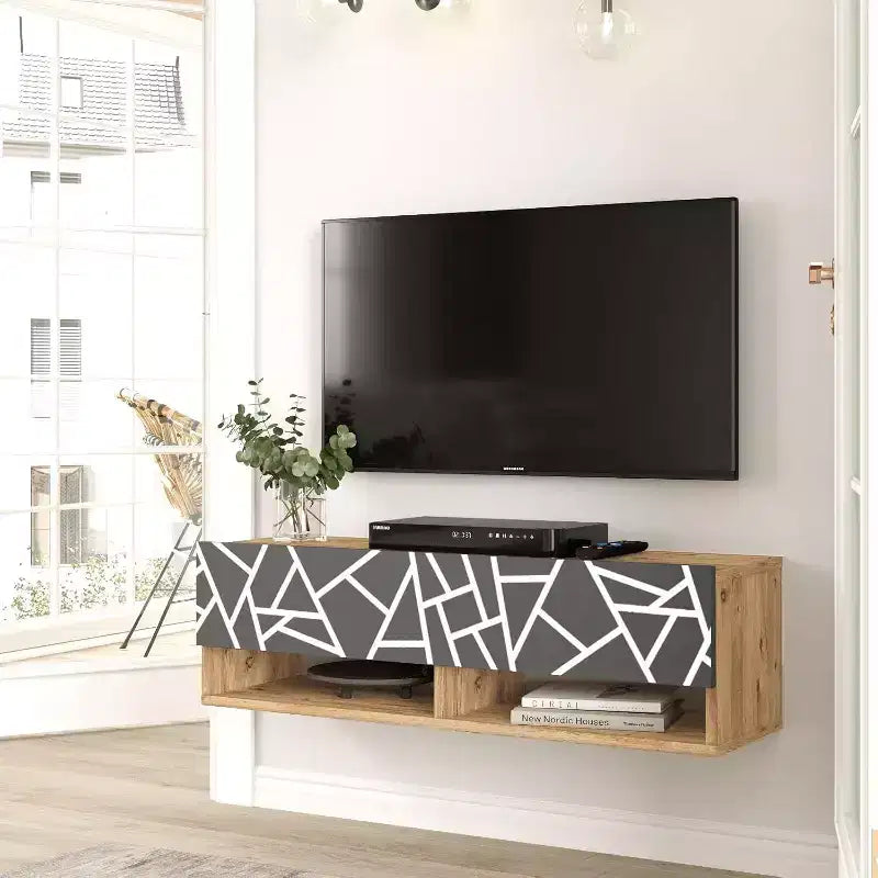 Meuble TV mural HomeStock Future en pin-anthracite, impression UV, 40 pouces, console de divertissement flottante avec étagères de rangement et portes