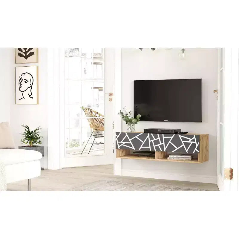 Meuble TV mural HomeStock Future en pin-anthracite, impression UV, 40 pouces, console de divertissement flottante avec étagères de rangement et portes