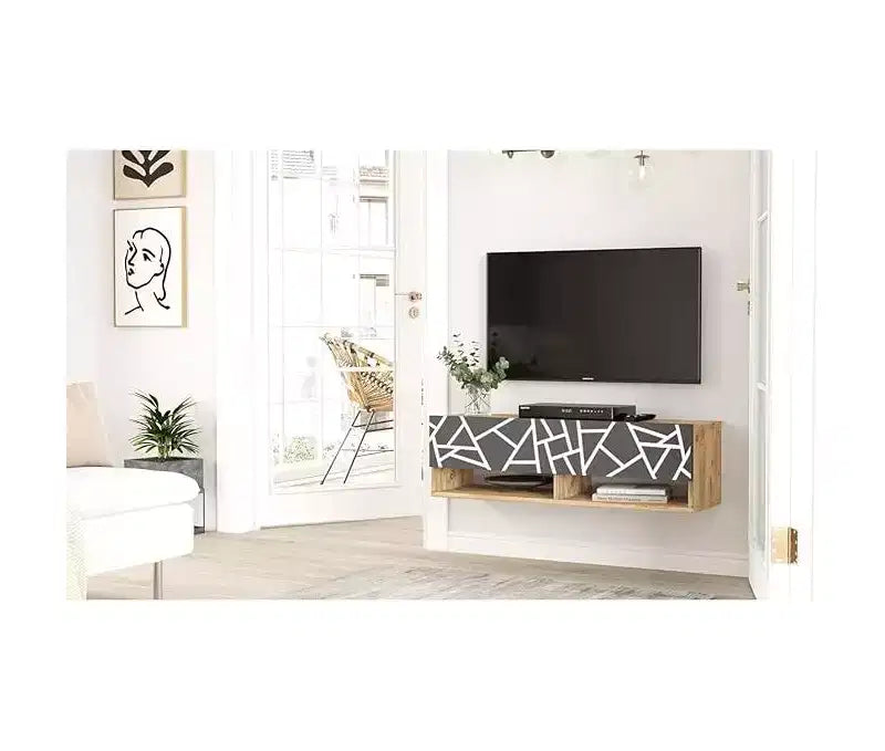 Meuble TV mural HomeStock Future en pin-anthracite, impression UV, 40 pouces, console de divertissement flottante avec étagères de rangement et portes
