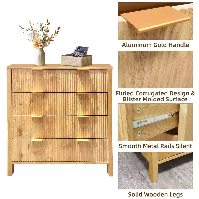 Commodes à 4 tiroirs cannelés pour chambre à coucher, commode de style moderne du milieu du siècle pour chambre à coucher, salon, couloir, placard