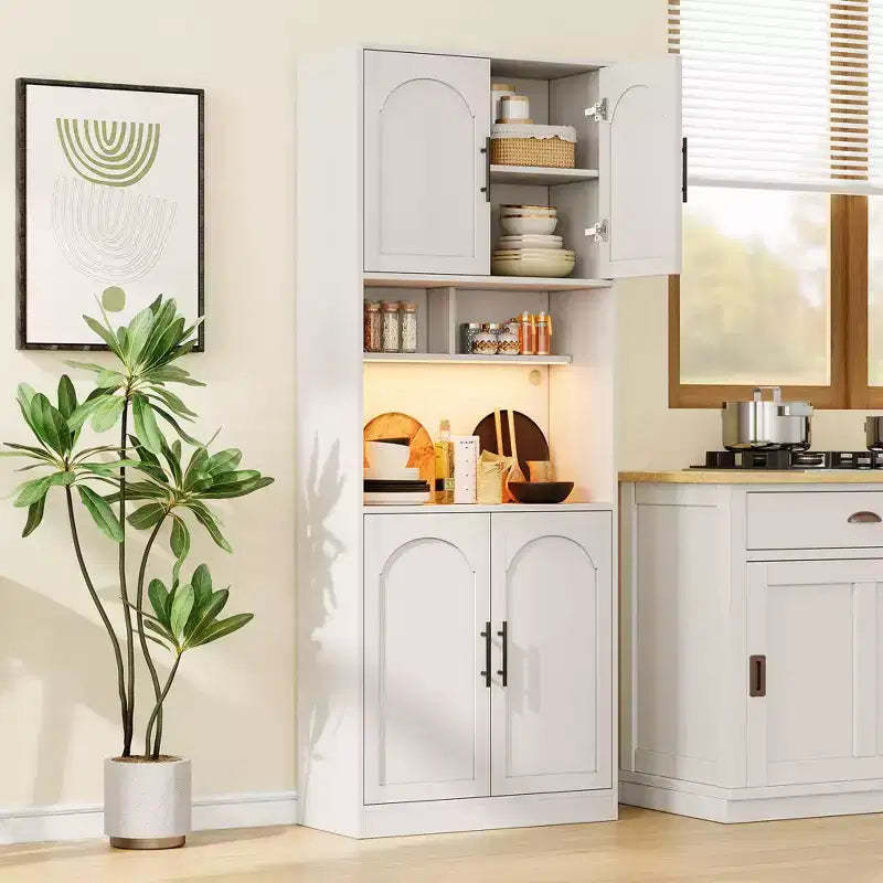 COZONY 71 Tall Kitchen Pantry Cabinet with Microwave Shelf, LED Light, Door & Adjustable Shelves, Hutch Storage Cabinet for Dining Living Room