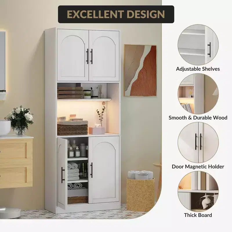 COZONY 71 Meuble de rangement de cuisine haut avec étagère à micro-ondes, éclairage LED, porte et étagères réglables, armoire de rangement pour salle à manger et salon