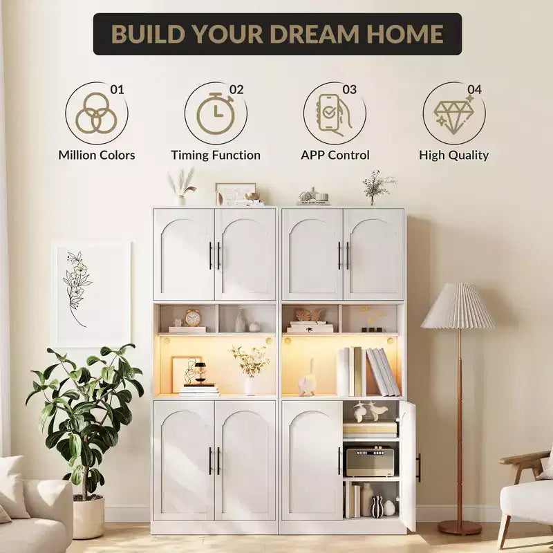 COZONY 71 Meuble de rangement de cuisine haut avec étagère à micro-ondes, éclairage LED, porte et étagères réglables, armoire de rangement pour salle à manger et salon