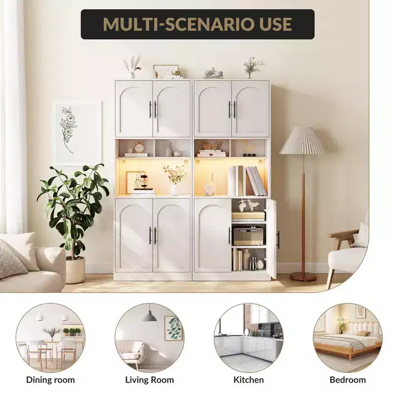 COZONY 71 Meuble de rangement de cuisine haut avec étagère à micro-ondes, éclairage LED, porte et étagères réglables, armoire de rangement pour salle à manger et salon