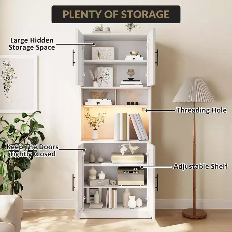 COZONY 71 Meuble de rangement de cuisine haut avec étagère à micro-ondes, éclairage LED, porte et étagères réglables, armoire de rangement pour salle à manger et salon