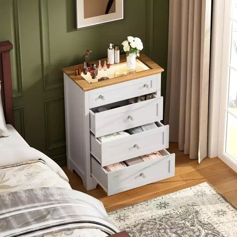 Wood 4 Drawer Dresser with RGB LED Light and Anti-Tipping Device for Living Room, Hallway, Closet