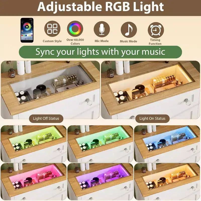 Wood 4 Drawer Dresser with RGB LED Light and Anti-Tipping Device for Living Room, Hallway, Closet