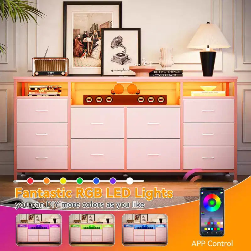 COZONY 63.3 Black Dresser w/10 Drawers, LED Lights&Power Outlets TV Stand for 65-75 Inch TV Entertainment Center for Bedroom Living Room Entryway