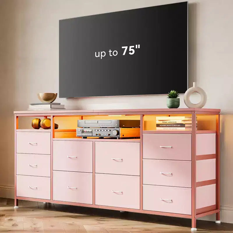 COZONY 63.3 Black Dresser w/10 Drawers, LED Lights&Power Outlets TV Stand for 65-75 Inch TV Entertainment Center for Bedroom Living Room Entryway