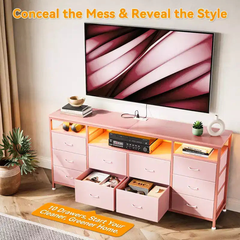 COZONY 63.3 Black Dresser w/10 Drawers, LED Lights&Power Outlets TV Stand for 65-75 Inch TV Entertainment Center for Bedroom Living Room Entryway