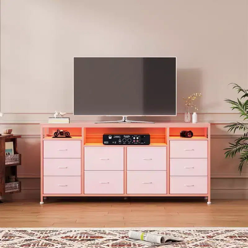 COZONY 63.3 Black Dresser w/10 Drawers, LED Lights&Power Outlets TV Stand for 65-75 Inch TV Entertainment Center for Bedroom Living Room Entryway