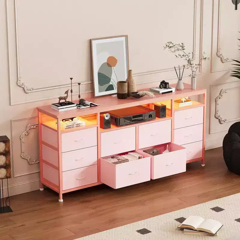 COZONY 63.3 Black Dresser w/10 Drawers, LED Lights&Power Outlets TV Stand for 65-75 Inch TV Entertainment Center for Bedroom Living Room Entryway