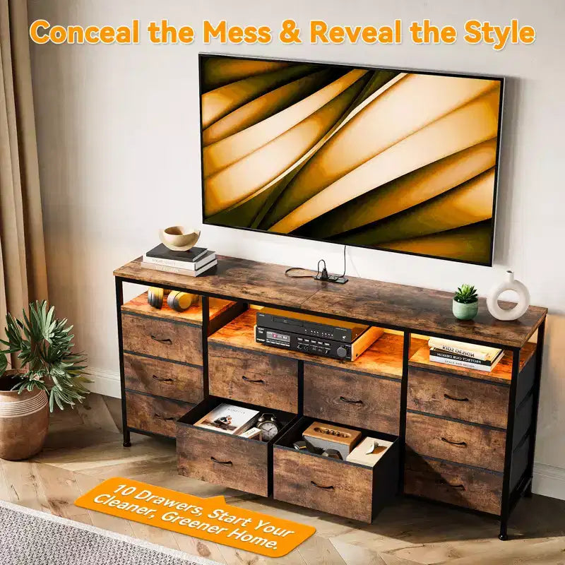 COZONY 63.3 Black Dresser w/10 Drawers, LED Lights&Power Outlets TV Stand for 65-75 Inch TV Entertainment Center for Bedroom Living Room Entryway