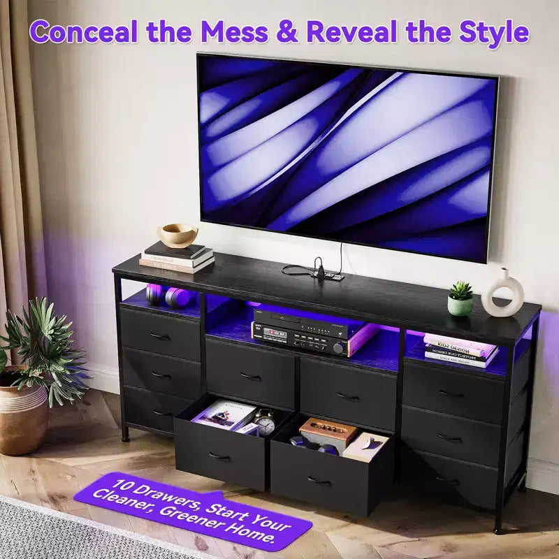 COZONY 63.3 Black Dresser w/10 Drawers, LED Lights&Power Outlets TV Stand for 65-75 Inch TV Entertainment Center for Bedroom Living Room Entryway