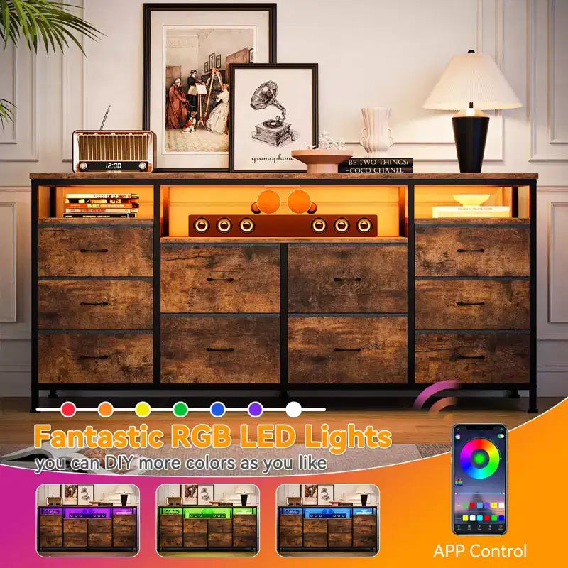 COZONY 63.3 Black Dresser w/10 Drawers, LED Lights&Power Outlets TV Stand for 65-75 Inch TV Entertainment Center for Bedroom Living Room Entryway