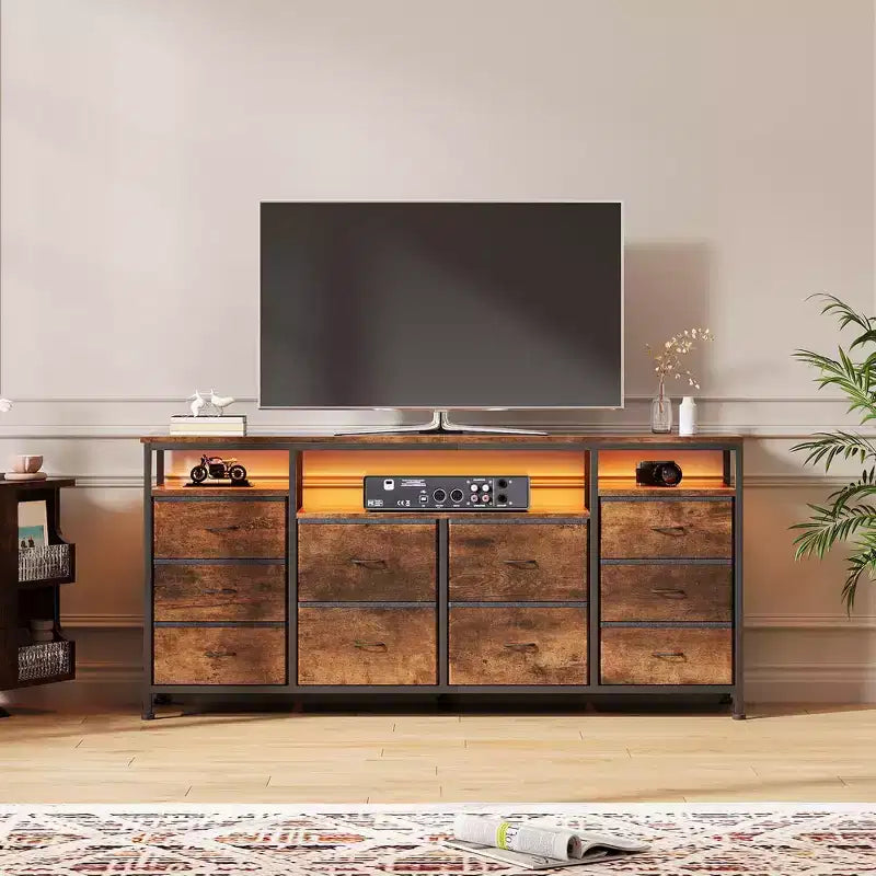 COZONY 63.3 Black Dresser w/10 Drawers, LED Lights&Power Outlets TV Stand for 65-75 Inch TV Entertainment Center for Bedroom Living Room Entryway